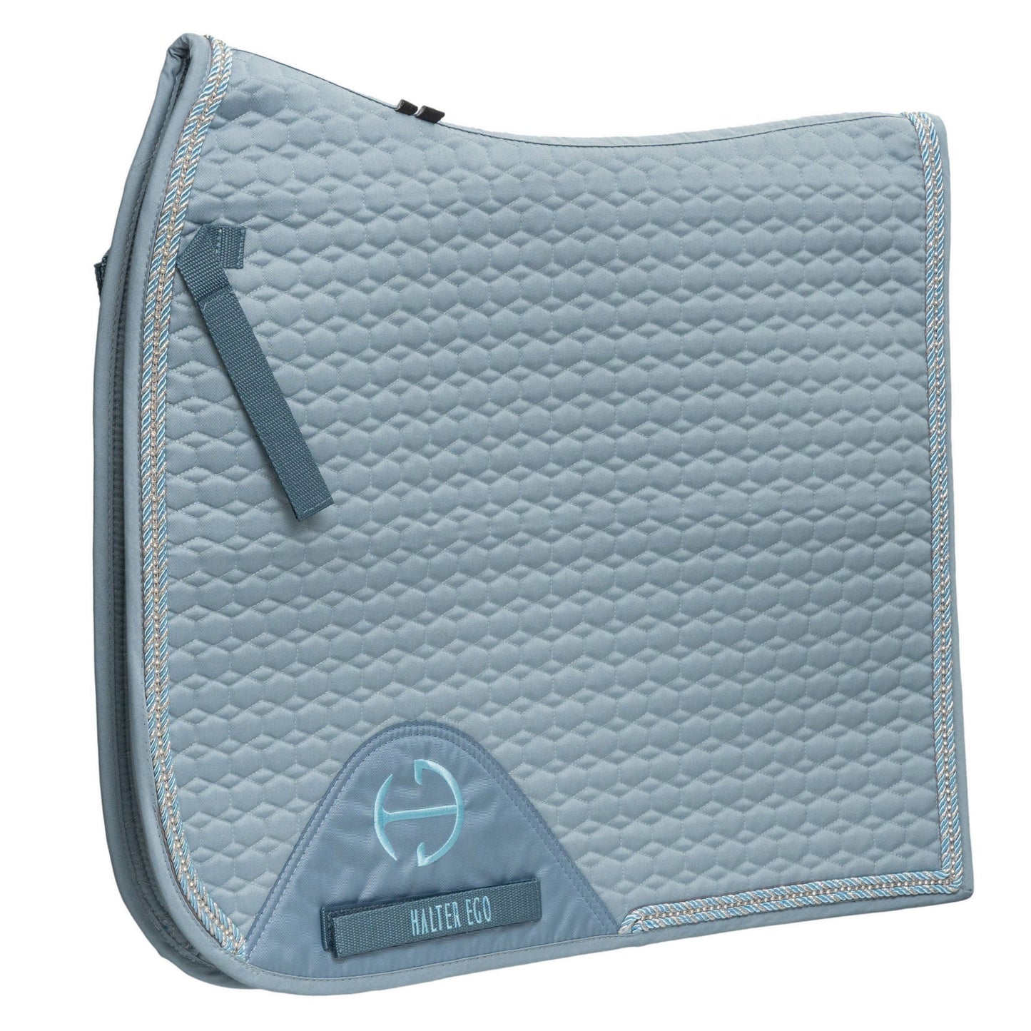 European Cotton Dressage Saddle Pad - Light Blue with Crystals & Light Blue/Silver Twisted Rope Trim