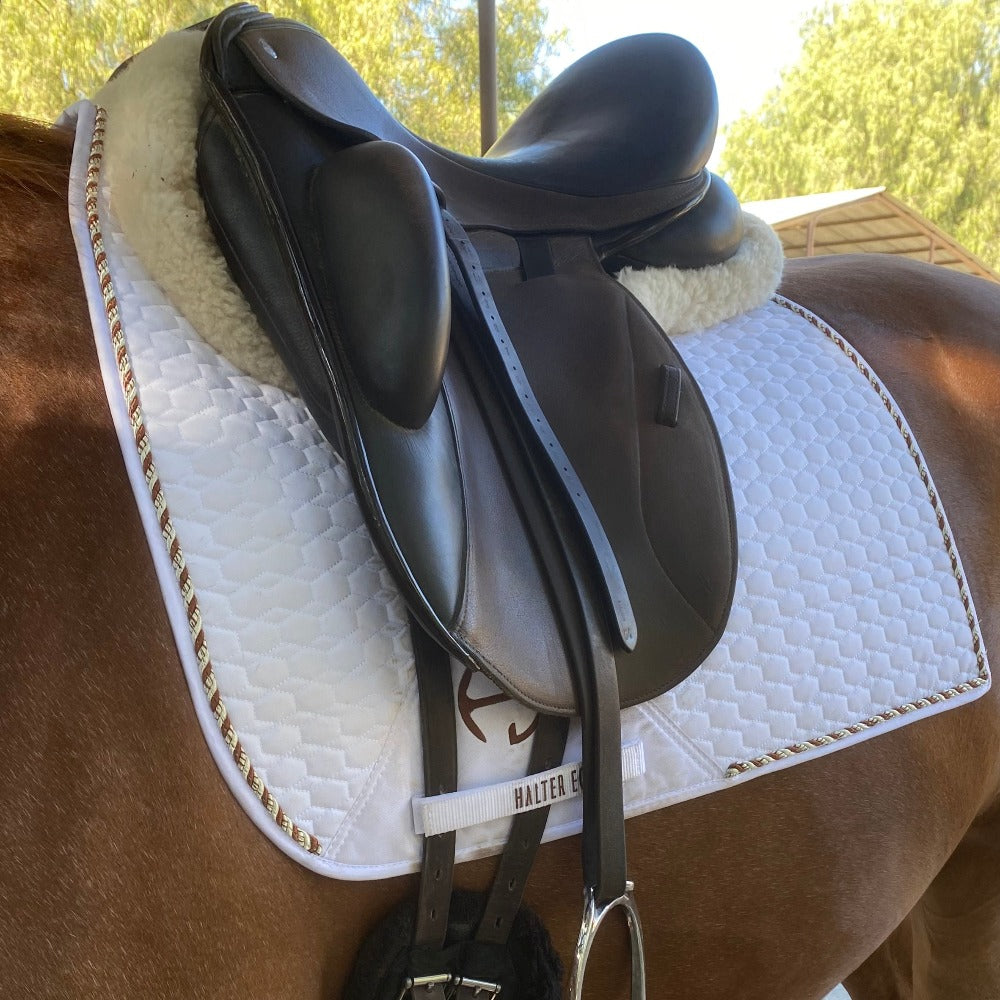 European Cotton Dressage Saddle Pad - White & Rust Twist Trim